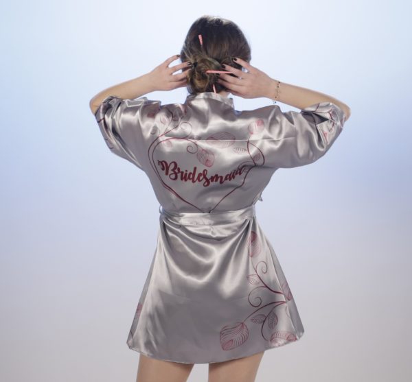 Floral printed grey satin robe