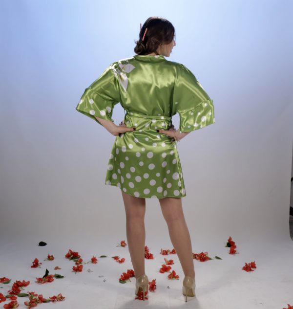 Diorsk Floral printed Green satin robe with polka dots