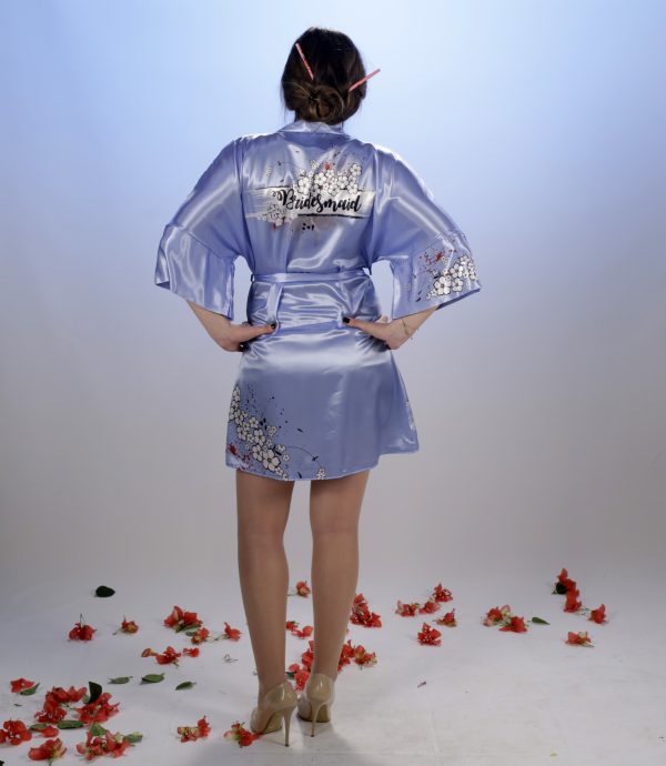 Floral printed Blue satin robe with bouquet arrangement