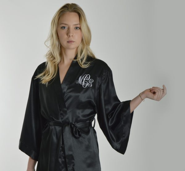 Embroidered Satin Black Robe | Custom Black Robe with monogram