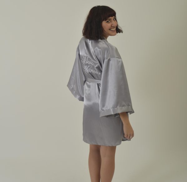 Embroidered Satin Maid Of Honor Robe | Custom Grey Robe